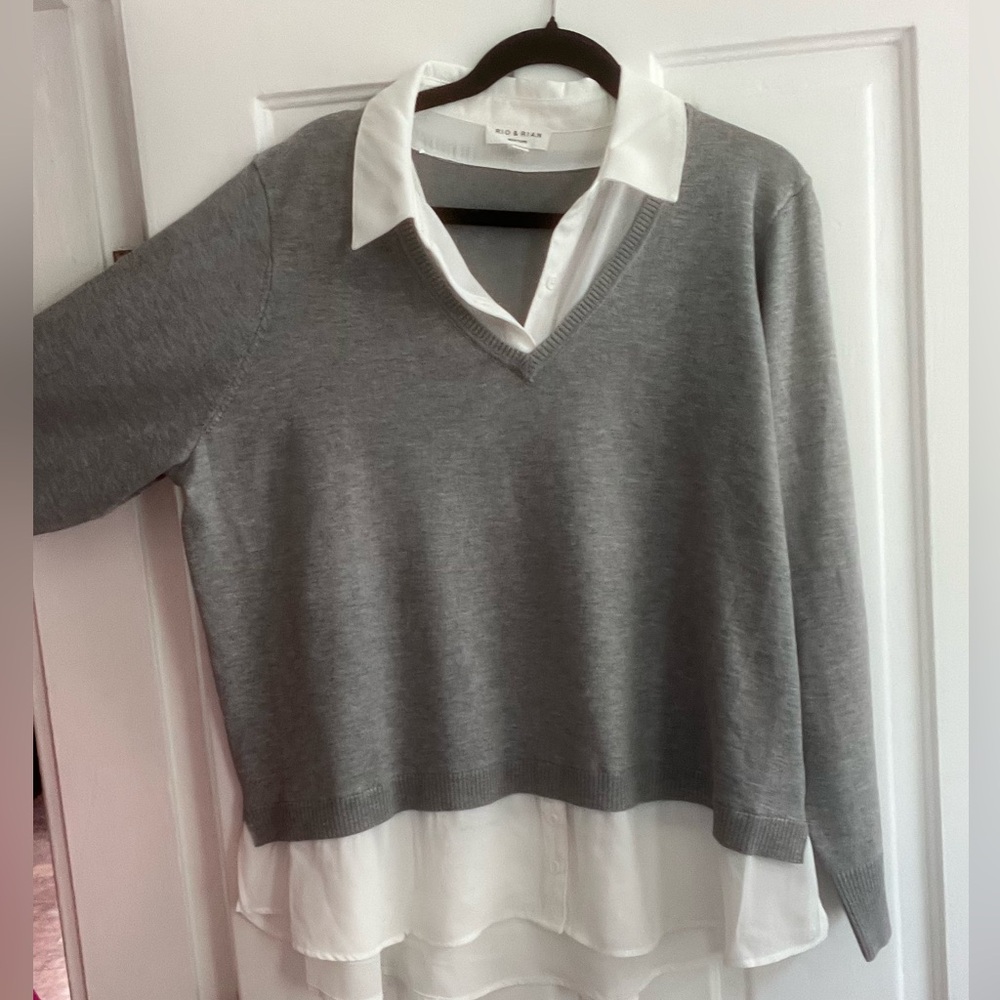 Rio & Rian New York career gray white Crew layered look collar size 1X top shirt